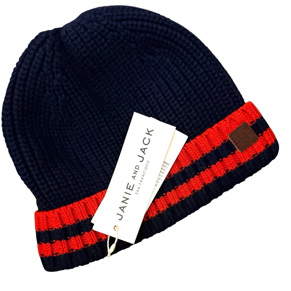 NWT Janie and Jack Beanie Hat 6-12 Months Baby Knit Navy Red Stripe Lined Cotton